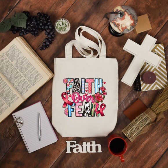 Women's Faith Over Fear Pink Ribbon Heavy Canvas Tote Bag - Picture 1 of 3